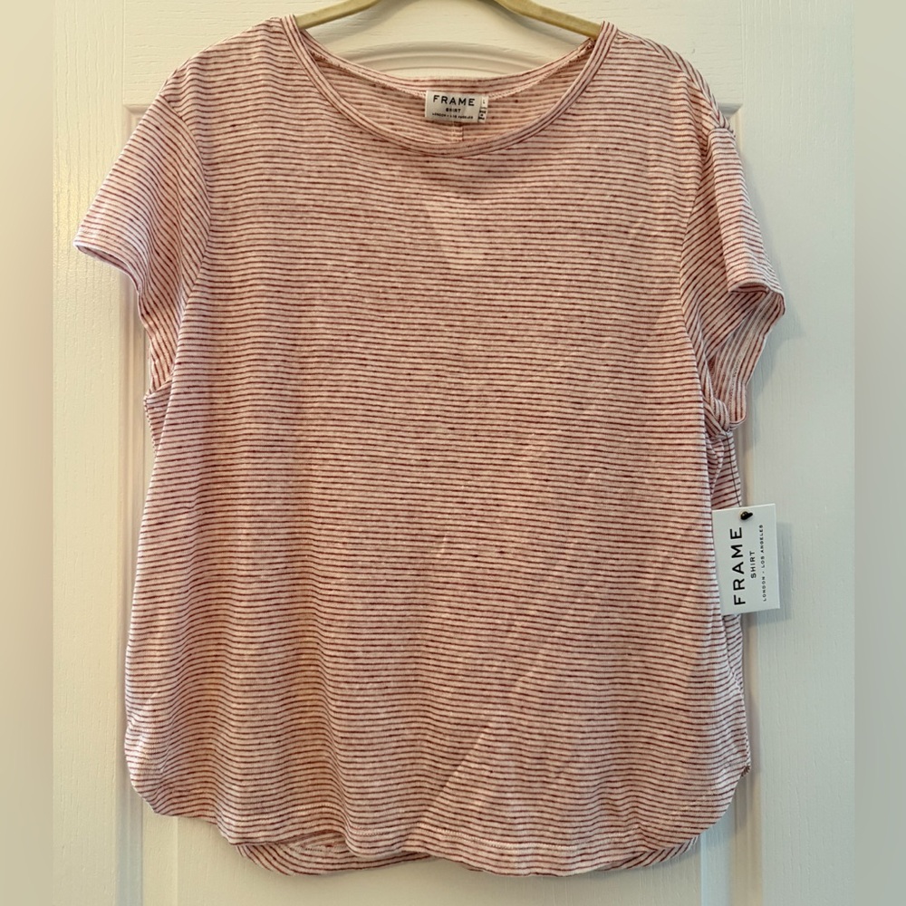 NWT Frame 100% Linen Striped Tee | Rusted Berry Micro Stripe | Relaxed | Size L